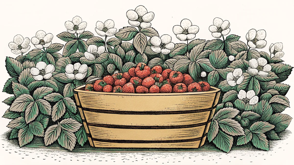 A harvest basket brims with vibrant berries in shades of red, blue, and purple.