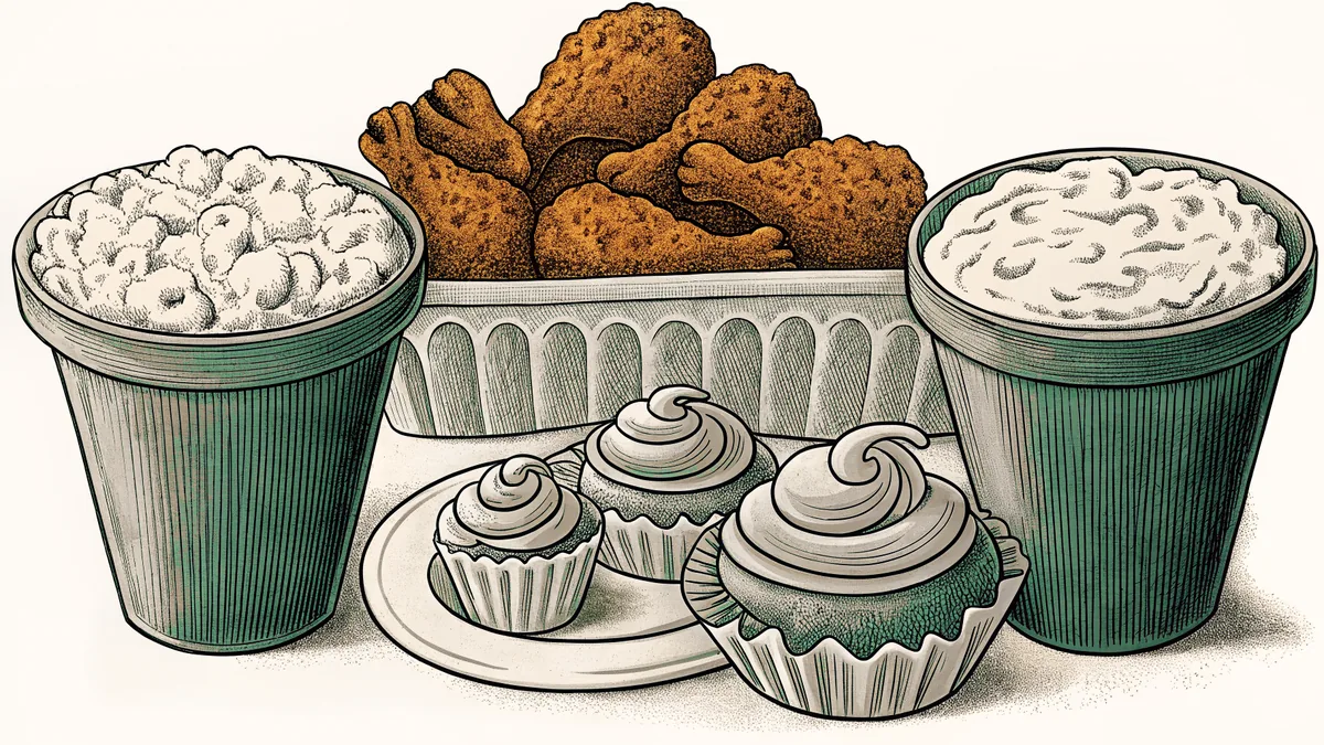 A comfort-food feast featuring fried chicken, mac and cheese, and desserts.