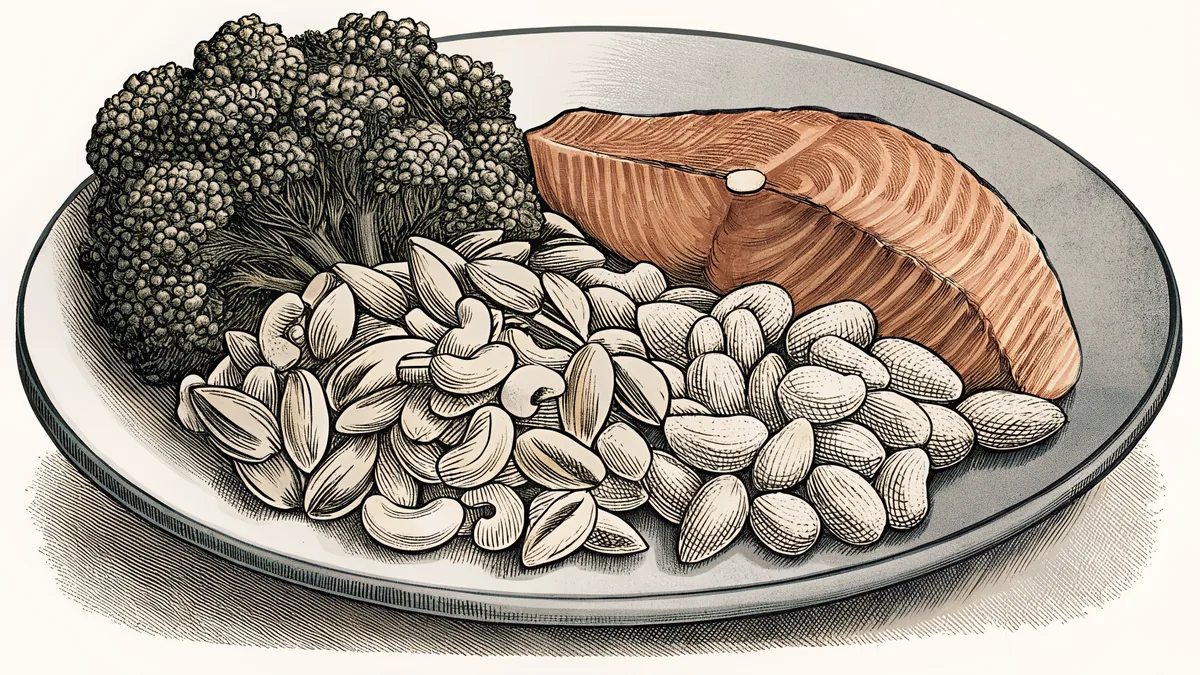 Healthy foods including nuts, fresh vegetables, and fish on a plate