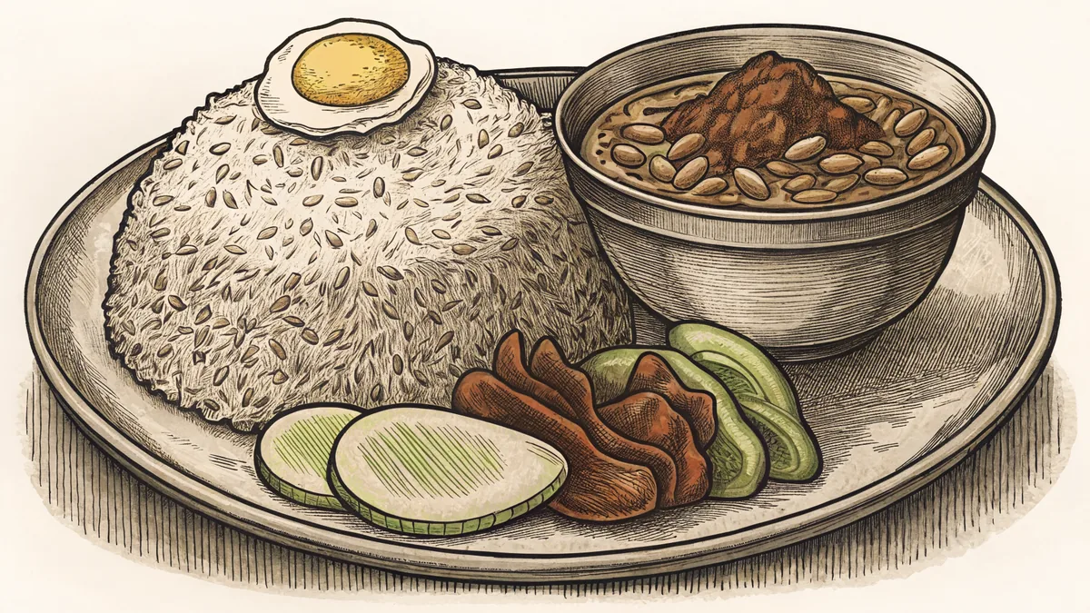 Malaysian street food showcases fragrant rice and spiced curry.