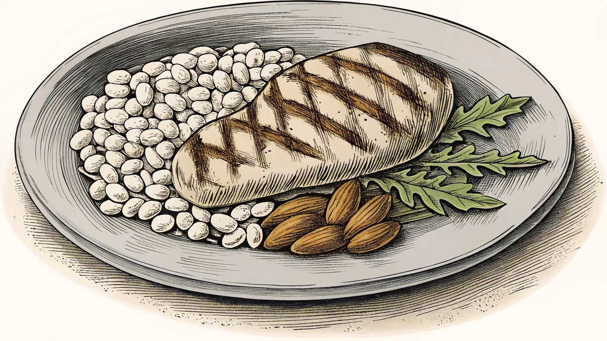 Diverse protein sources from fish, poultry, nuts, and legumes gather together.