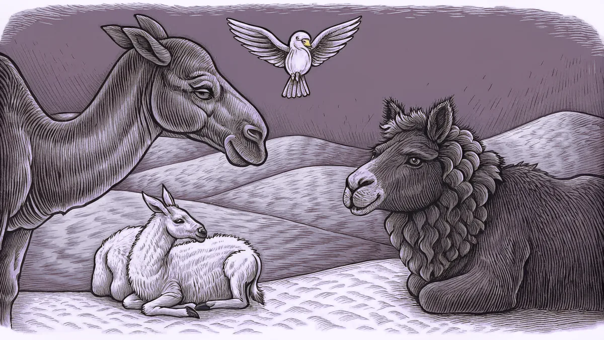 Biblical creatures including a camel, lamb, lion, and dove in an ancient landscape.