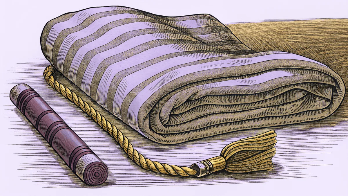A woven bookmark with a tassel beside a highlighter pen and a folded blanket.