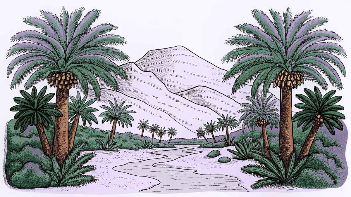 An ancient desert landscape features mountains, palm trees, and a winding river valley.