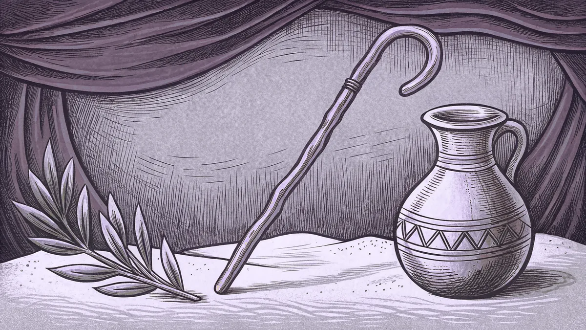 A shepherd's crook leans on a clay jar of bread, an olive branch resting on desert sand.