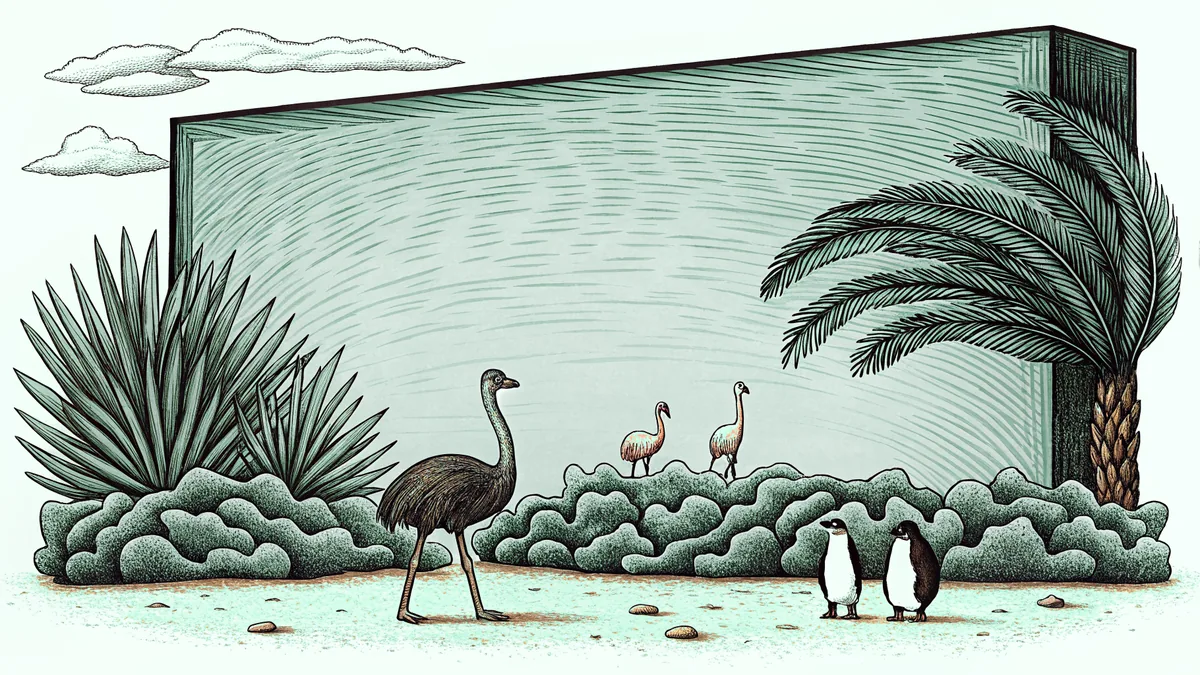 An ostrich and emu stride across dry grassland in enormous proportions.