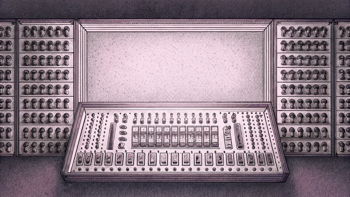 Laboratory test tubes stand in a metal rack beside a circuit board model on a clean white workbench.