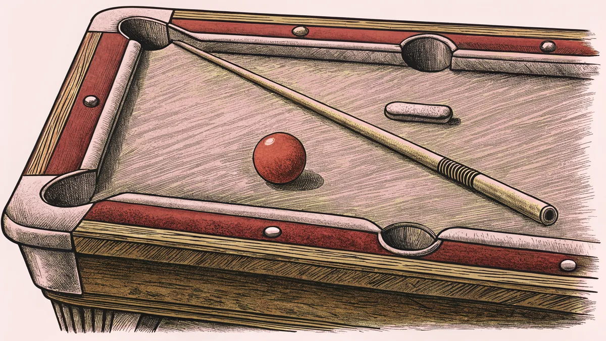 A cue stick and colored billiard ball rest on a green felt table with chalk nearby.