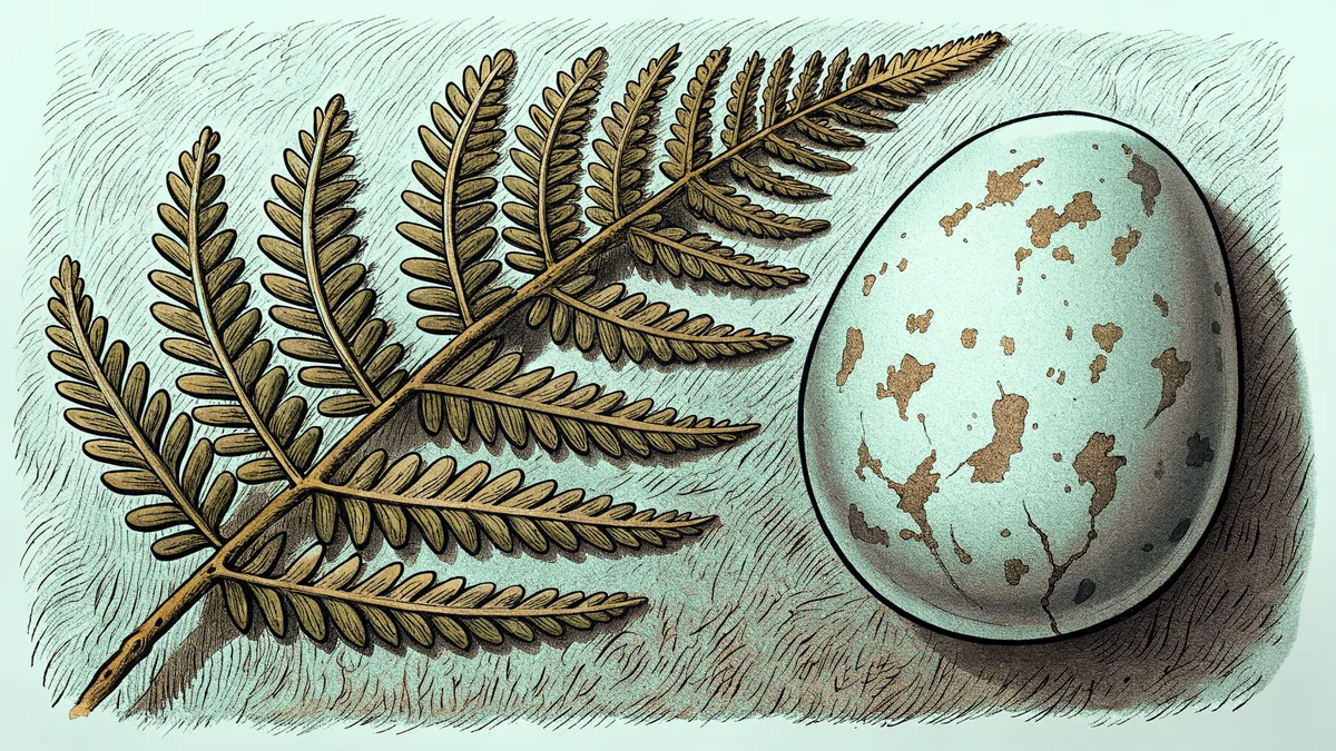 A pressed fern frond beside a speckled bird egg.