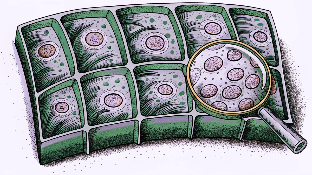Magnified plant cells with visible organelles and green chloroplasts under microscope