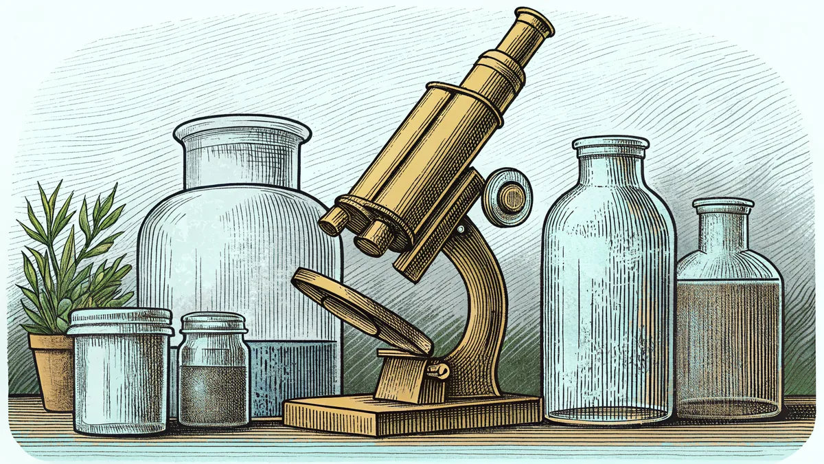 A brass microscope and glass jars of specimens fill a science laboratory.