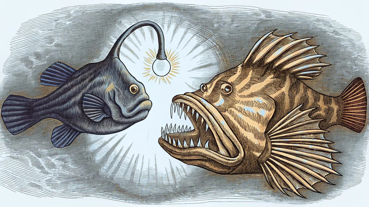 Glowing deep-sea creatures including anglerfish and luminescent squid in dark waters.