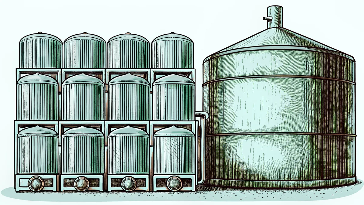 A rack of sealed glass vials sits beside a pipette and a large stainless steel bioreactor tank.