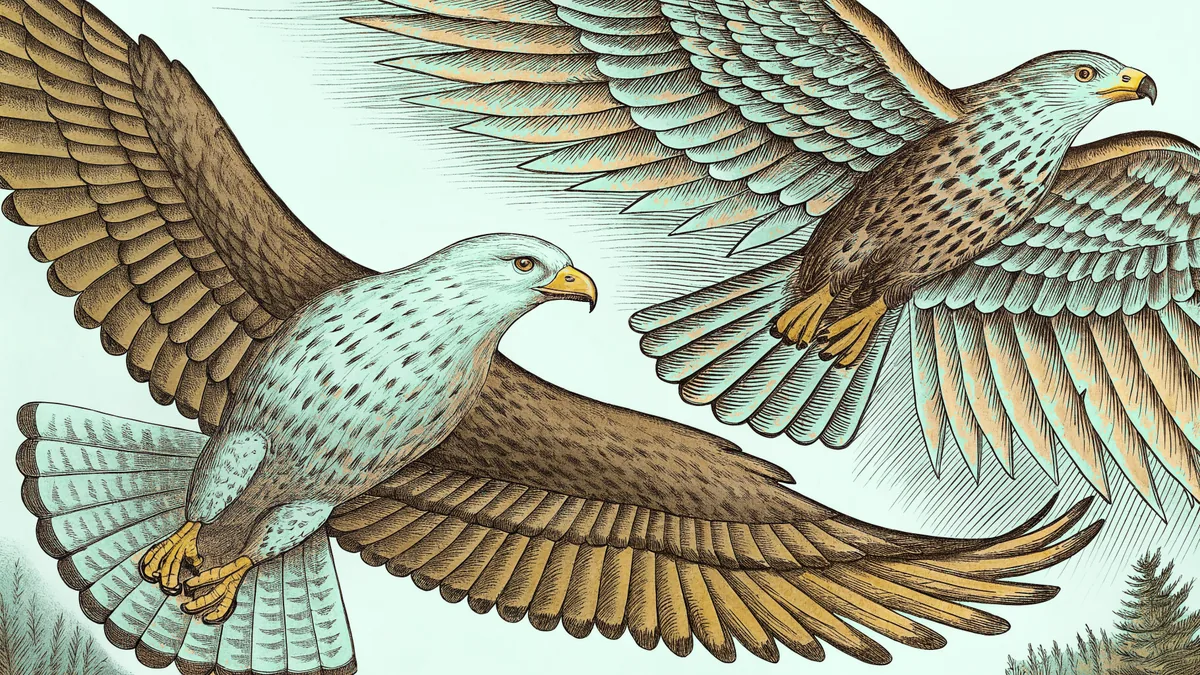 Birds of prey with wings spread diving through open sky