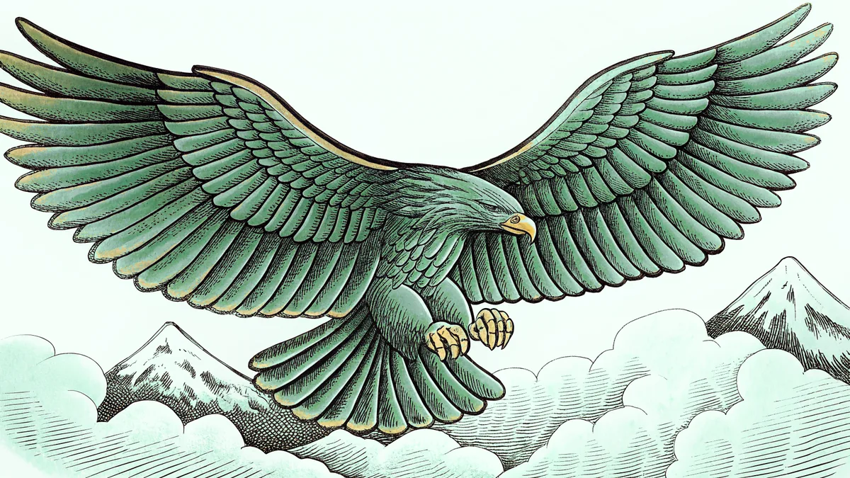 Golden eagle diving through clouds with talons extended toward peaks.