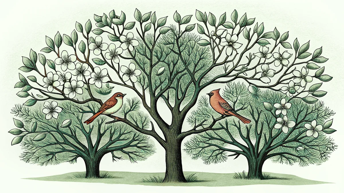 Colorful cardinals, robins, and songbirds perch on budding spring branches amid blooming cherry and apple trees.