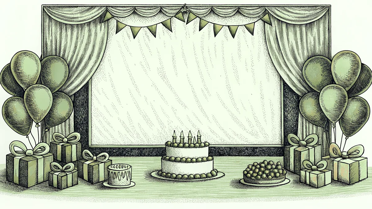 A birthday party scene with cake, candles, balloons, and gifts.