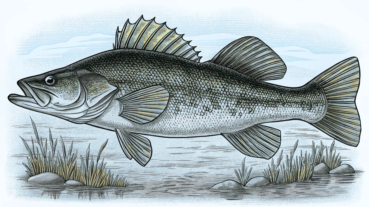 A walleye swims beneath the Dakota sky with prairie oil fields in the distance.