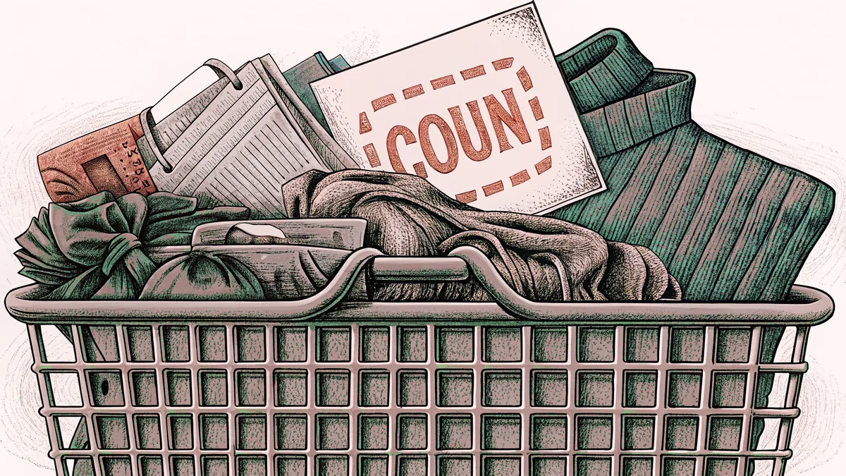 A shopping cart overflows with discounted items at a crowded checkout line.