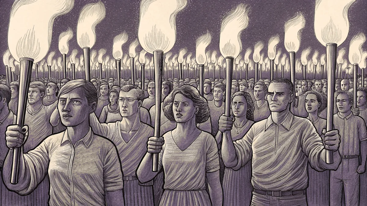 A diverse group marches together with raised torches celebrating freedom and justice.