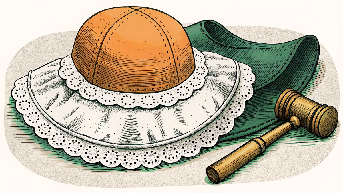 A lace collar, a leather flying cap, a wooden gavel and a leather boot arranged together.