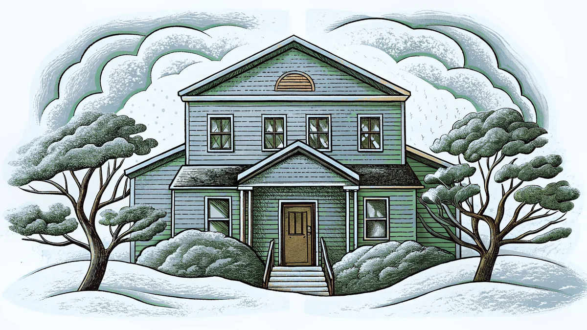 A house nearly disappears under tall snowdrifts during a winter blizzard.