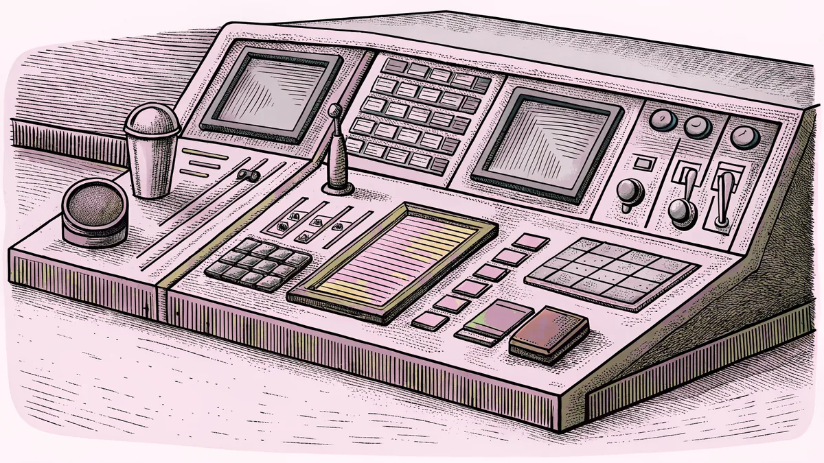 A radio dispatcher's console sits on a police station desk with a coffee thermos.