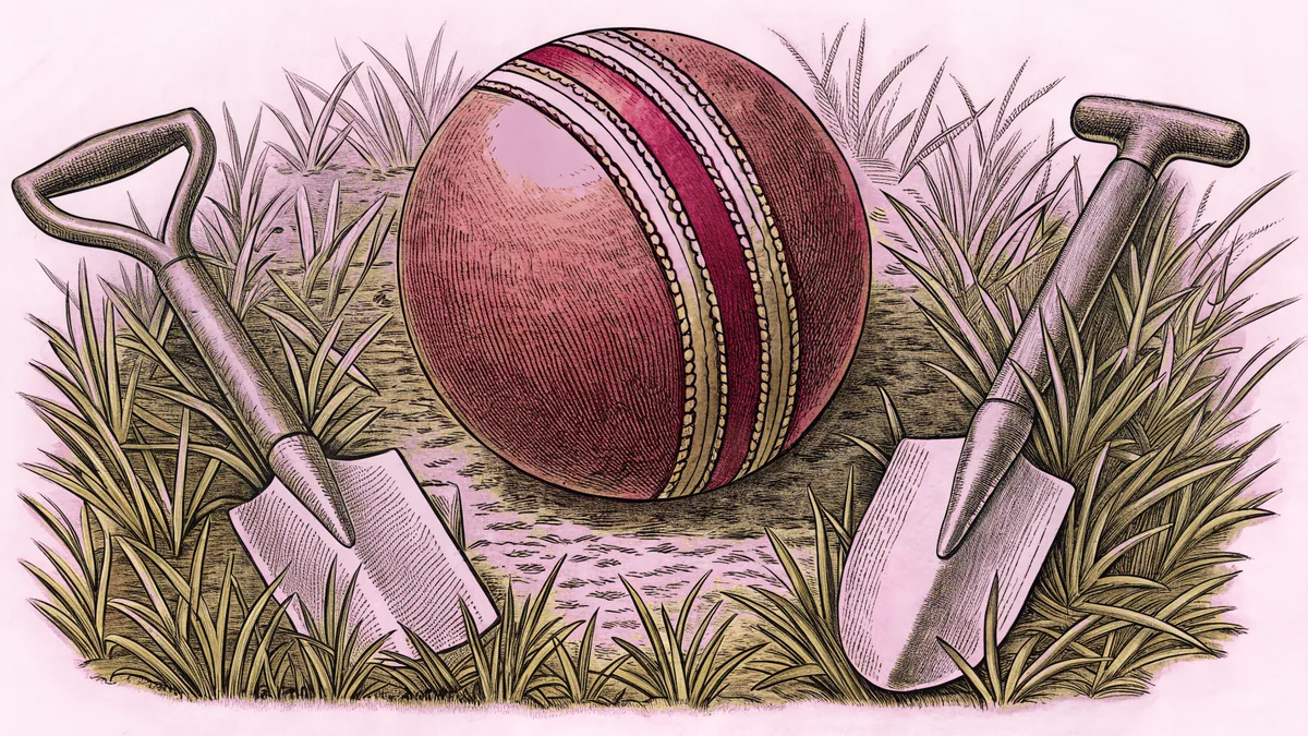 A stitched leather ball resting on dry grass beside two small garden spades.