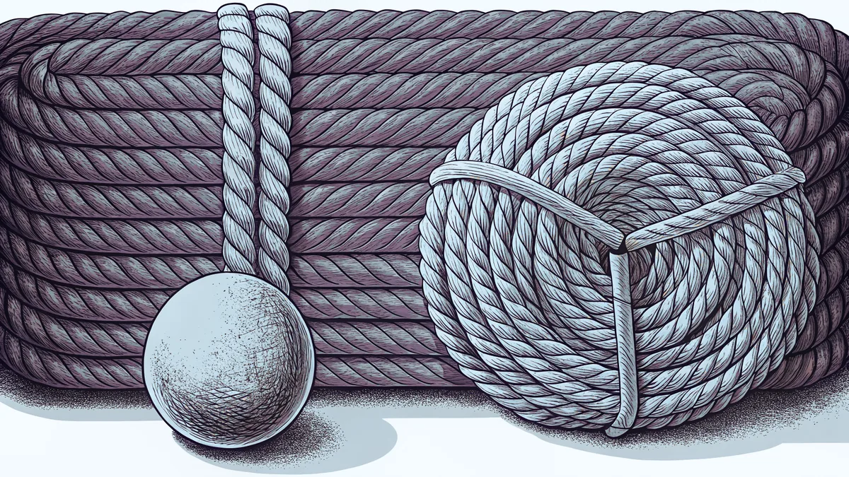 A smooth river stone beside a coiled length of rope.