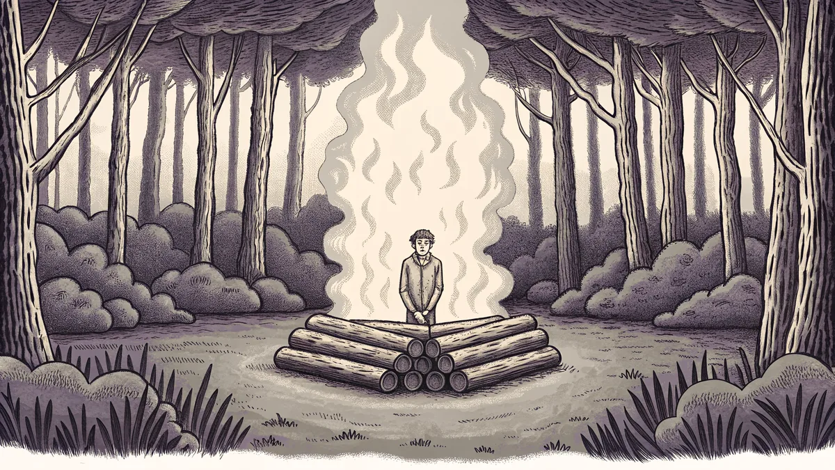 A bonfire of stacked logs burning beside a folded blanket in a field.