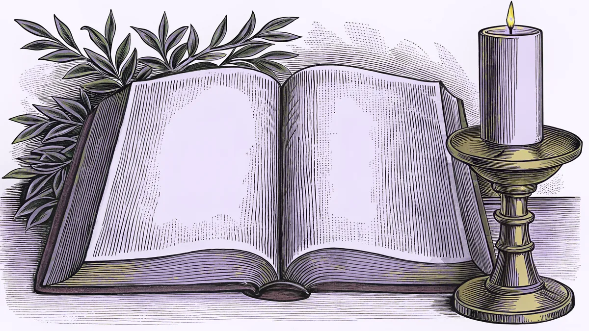 A lit candle and a small cross rest beside an open Bible with blank pages.