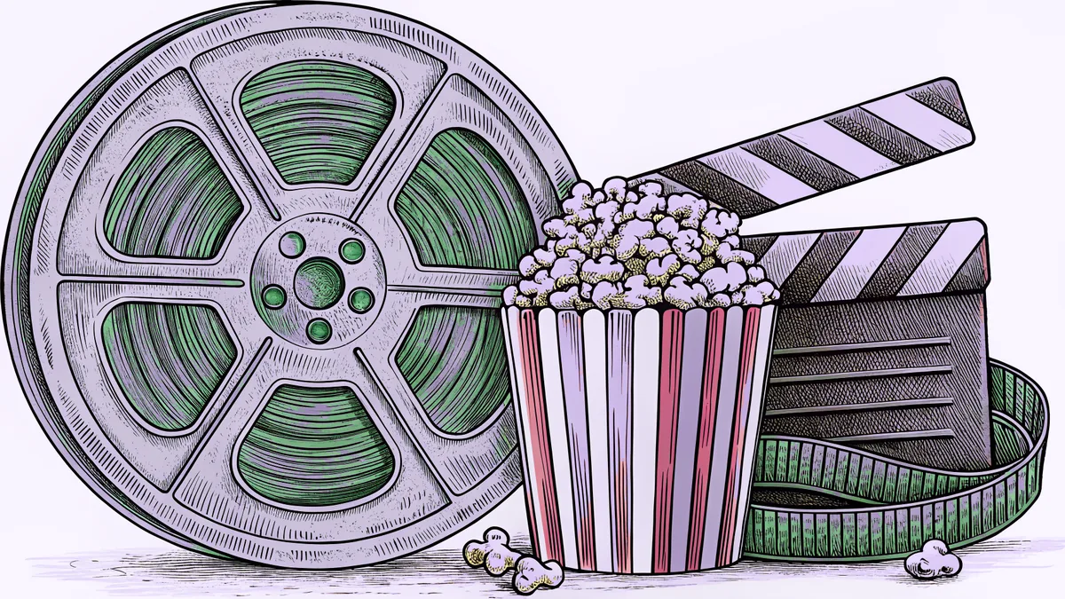 A brass film reel and clapper board rest beside a striped popcorn box on a counter.