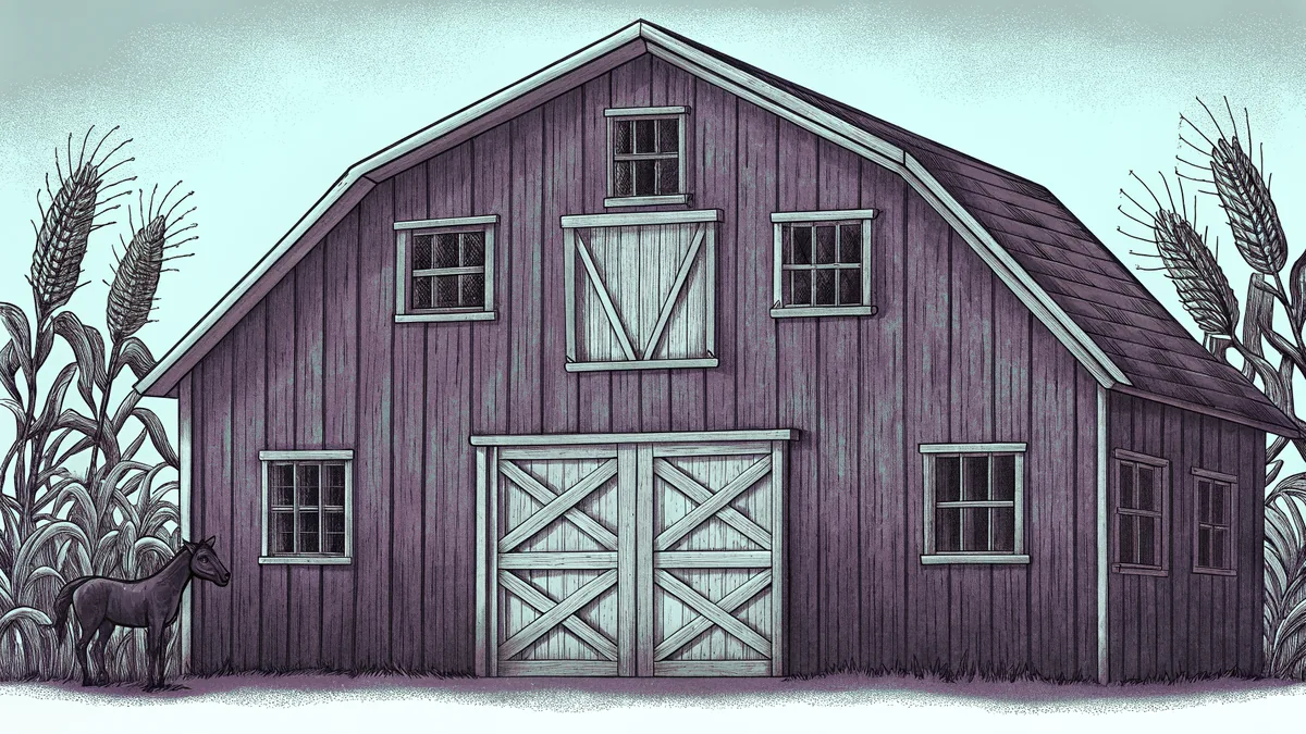 A red barn stands beside a horse, tall cornstalks, and a leafy fern.