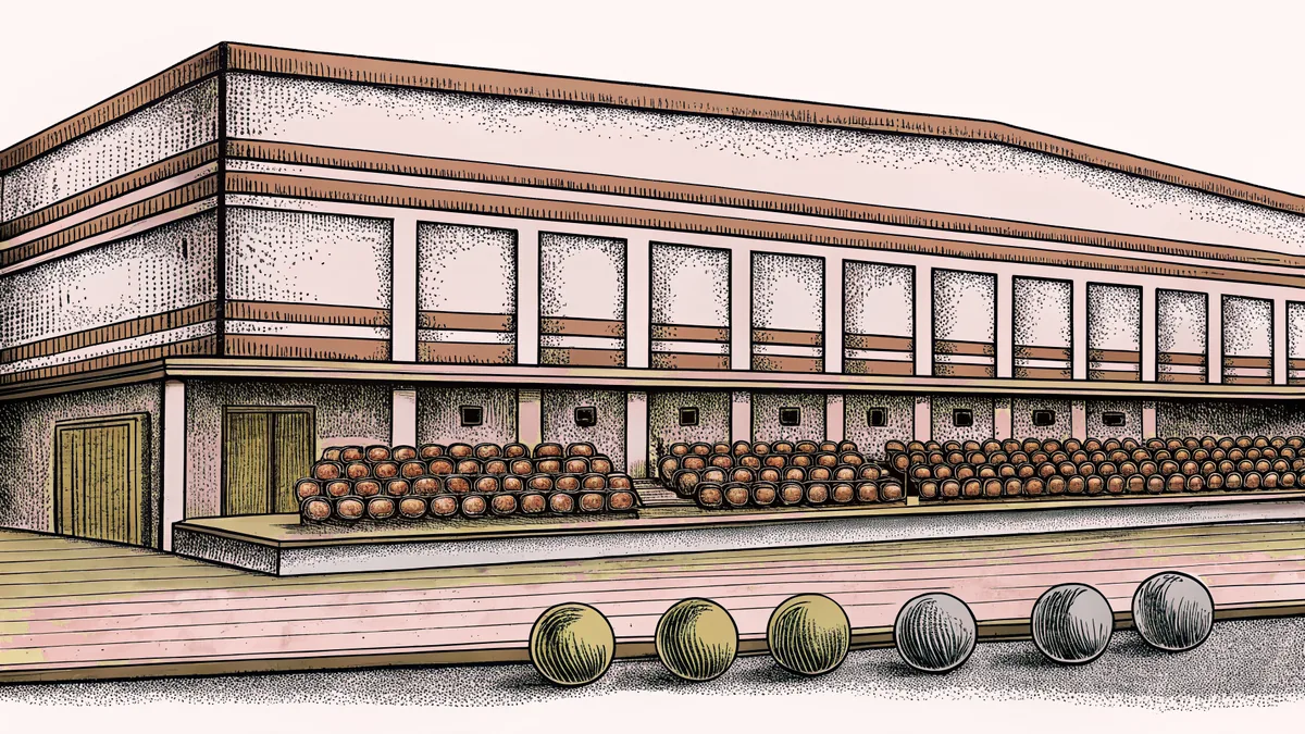 Bowling alley with pins at the end and polished lane.