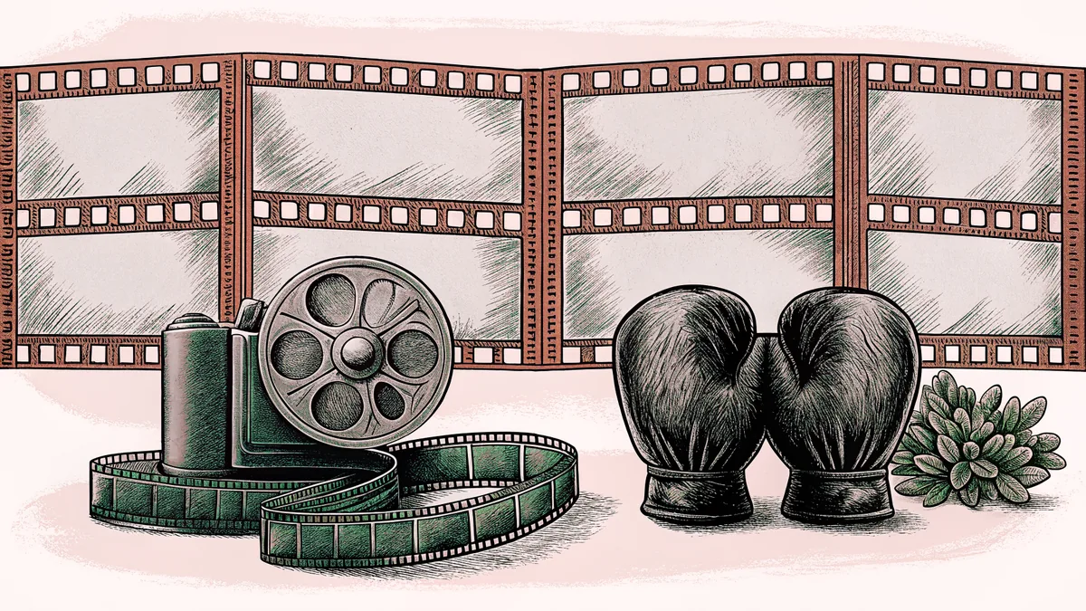 A film strip and old movie camera rest beside classic boxing gloves.