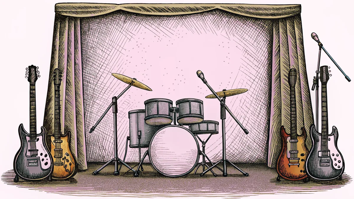 A drum kit, guitars, and microphone stands sit ready on a concert stage.