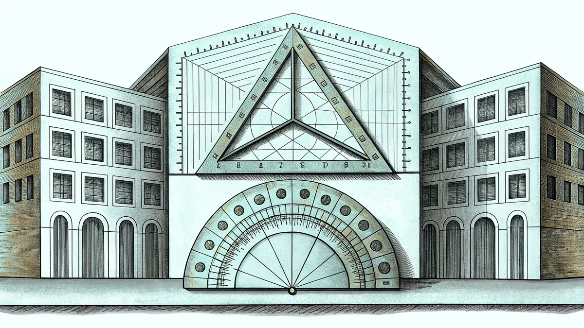 Geometric shapes, rulers, and mathematical instruments arranged on a work surface.