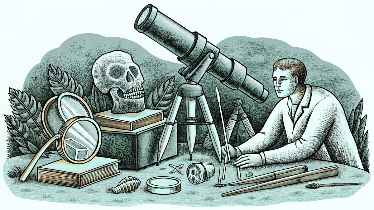 A scientist at a microscope surrounded by a telescope, fossils, and lab equipment.