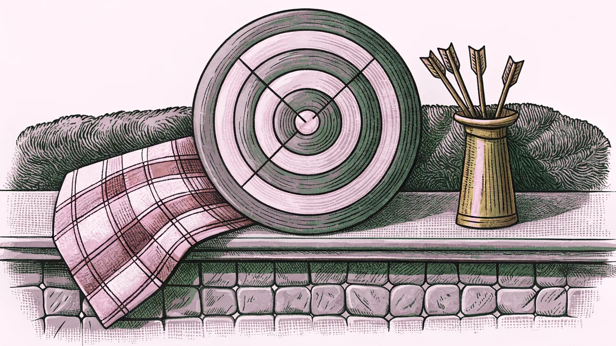 A wooden archery target and quiver of arrows rest beside a tartan blanket on a weathered stone ledge.