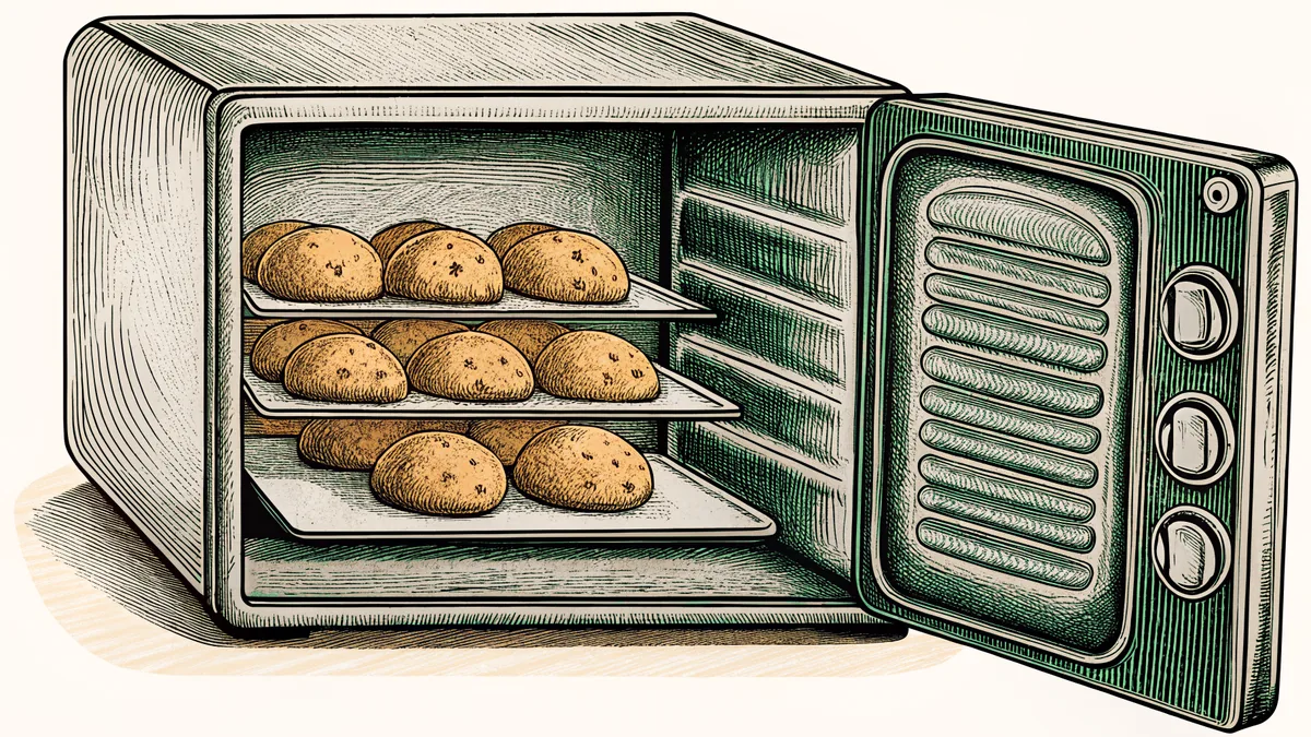 Fresh-baked bread loaves cool on a wooden board beside an open oven with rolls.