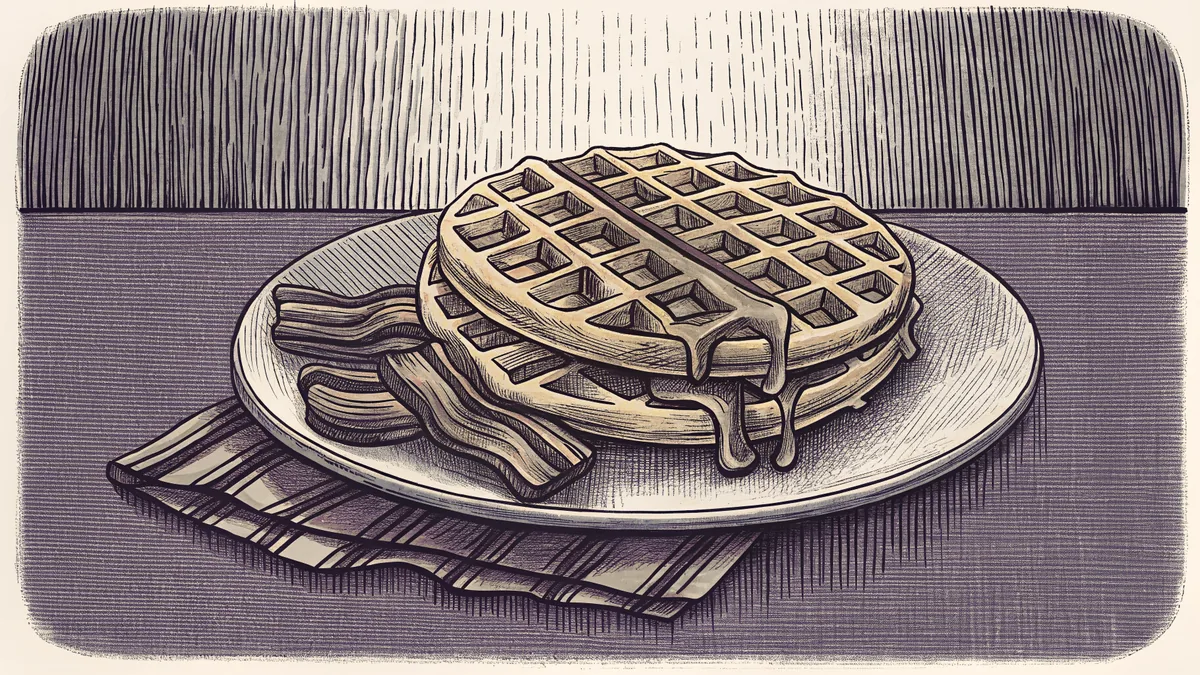 Waffles with syrup and bacon sizzling on a breakfast plate.