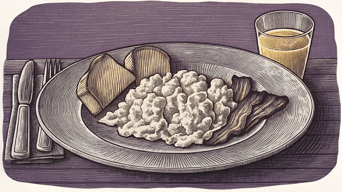 A plate displays scrambled eggs, crispy bacon, and golden toast beside a glass of juice.