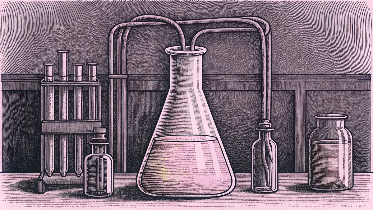 Laboratory glassware filled with colored liquid and chemical vessels sit on a lab table.