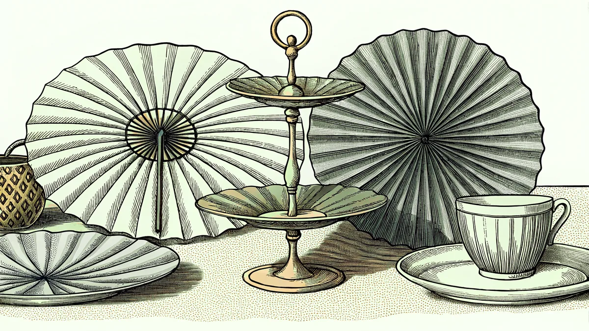 A tiered cake stand and a china teacup, with two paper fans and a patterned creamer.