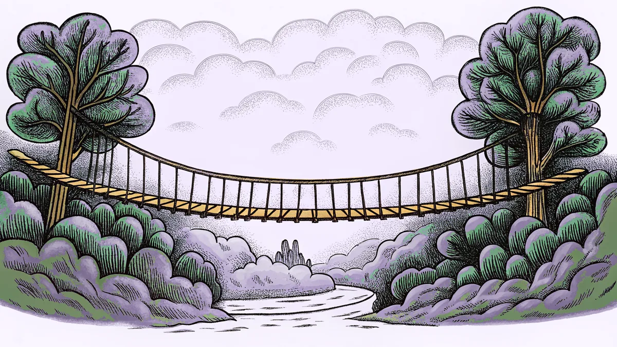 A rope bridge spans a misty valley toward a distant enchanted castle.