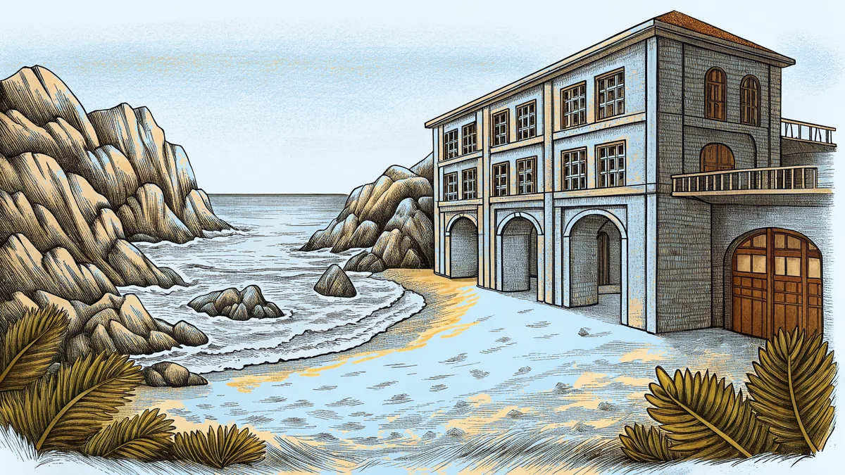 A New England beach with dark rocks and calm harbor waters on a clear day