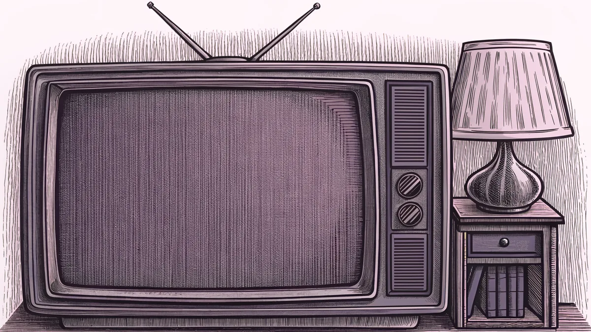 A boxy television set with rabbit-ear antennae sits on a side table with a lamp.