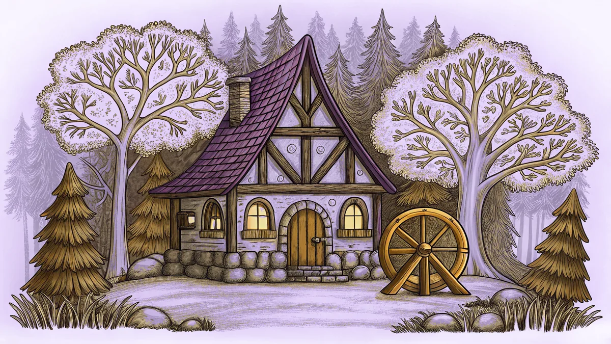 A fairy tale forest scene with a thatched cottage, spinning wheel, and enchanted atmosphere.