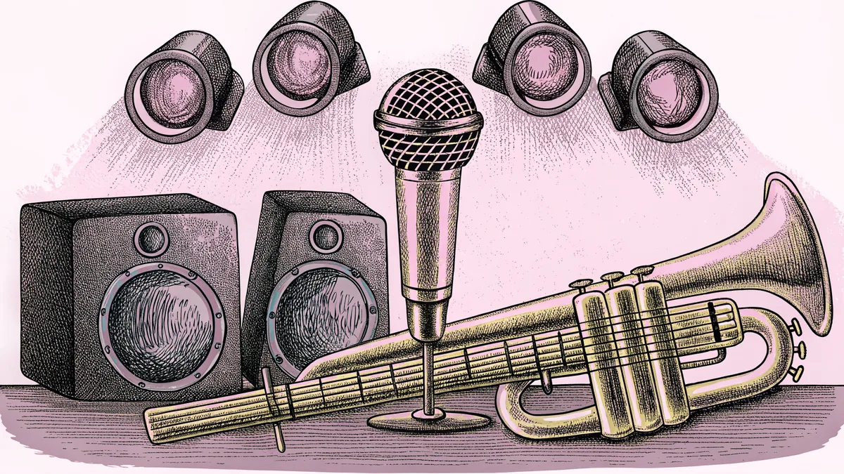 A golden microphone stands on stage beside a bass guitar and brass trumpet beneath colorful lights.