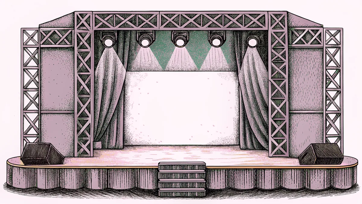 Bright stage lights illuminate amplifiers, monitors, and microphones awaiting the next performance.